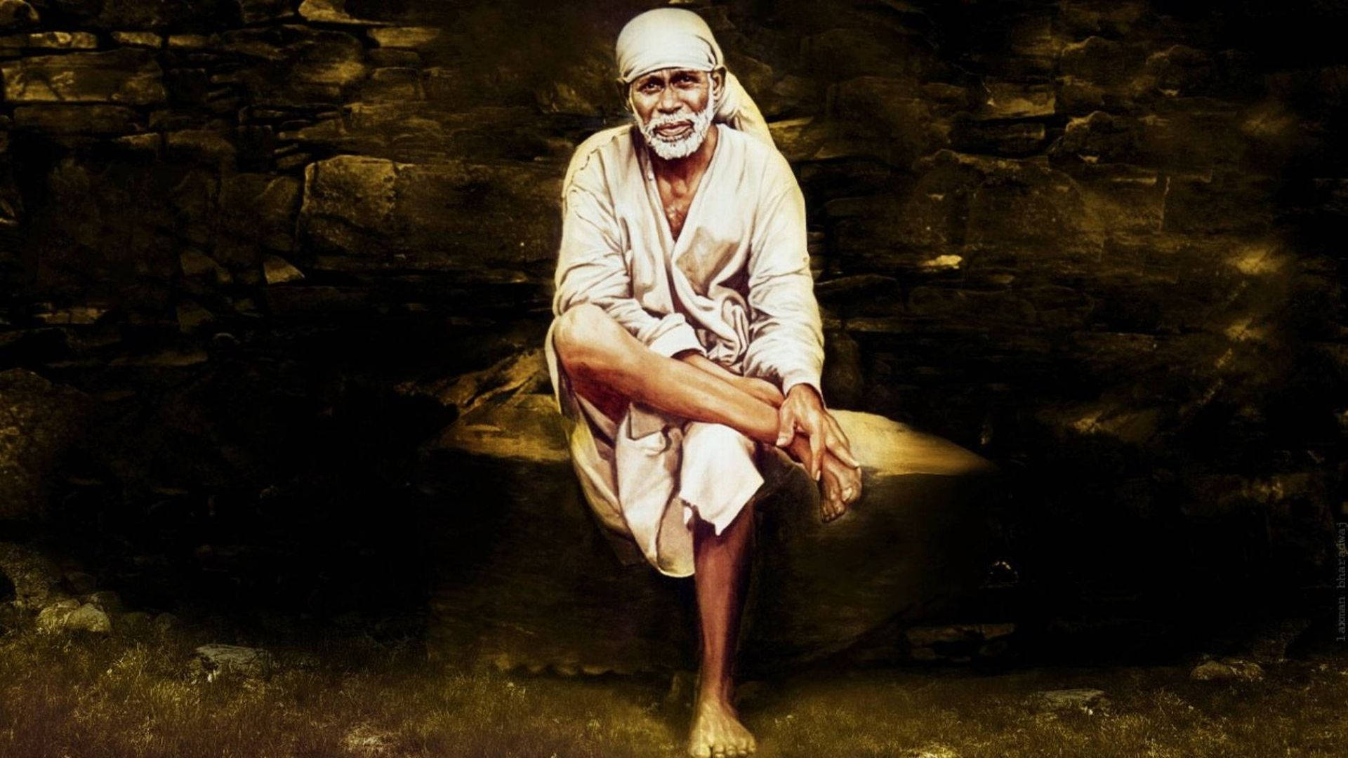 一位白鬍子老人赤腳坐在石牆旁，沐浴在溫暖的光線中。
