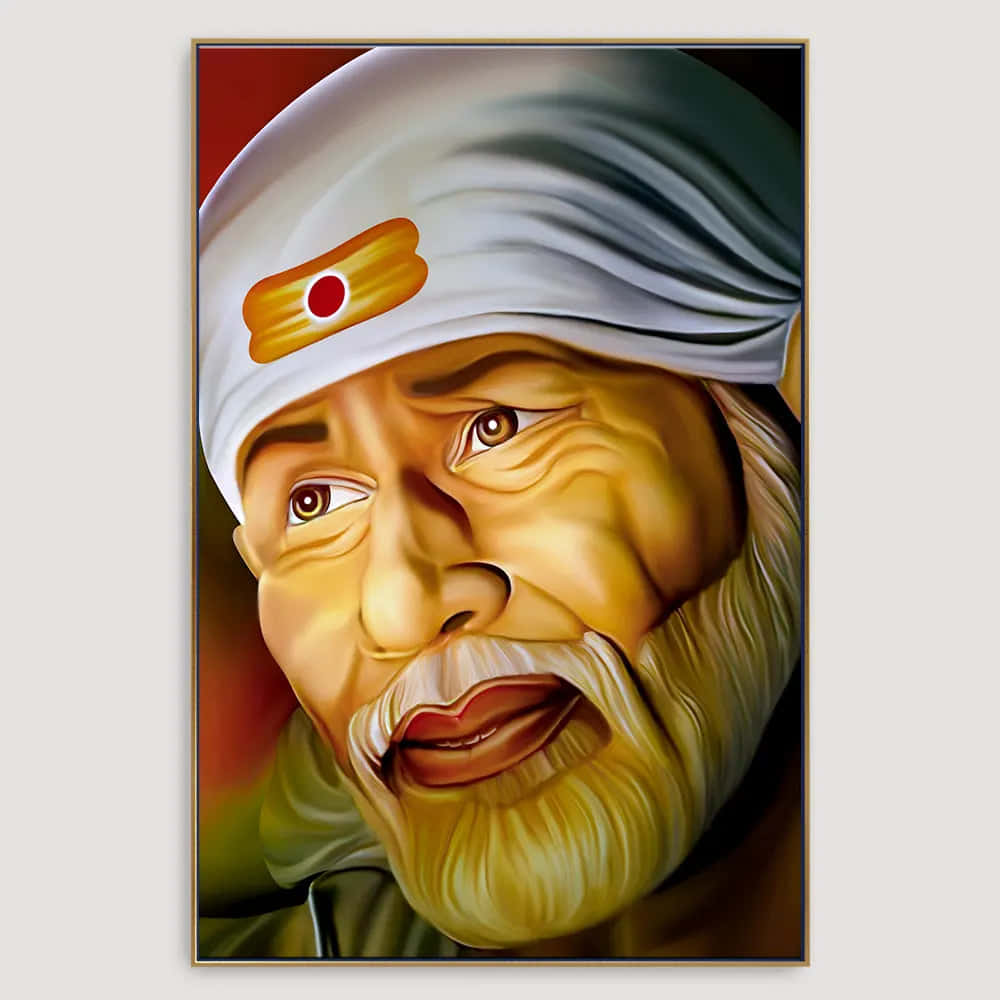 Sai Baba 灰色背景繪畫圖像 壁紙 — 一幅生動的數碼肖像，描繪一位戴著白色頭巾、額頭有紅點的老人，在深紅色背景前溫暖微笑。