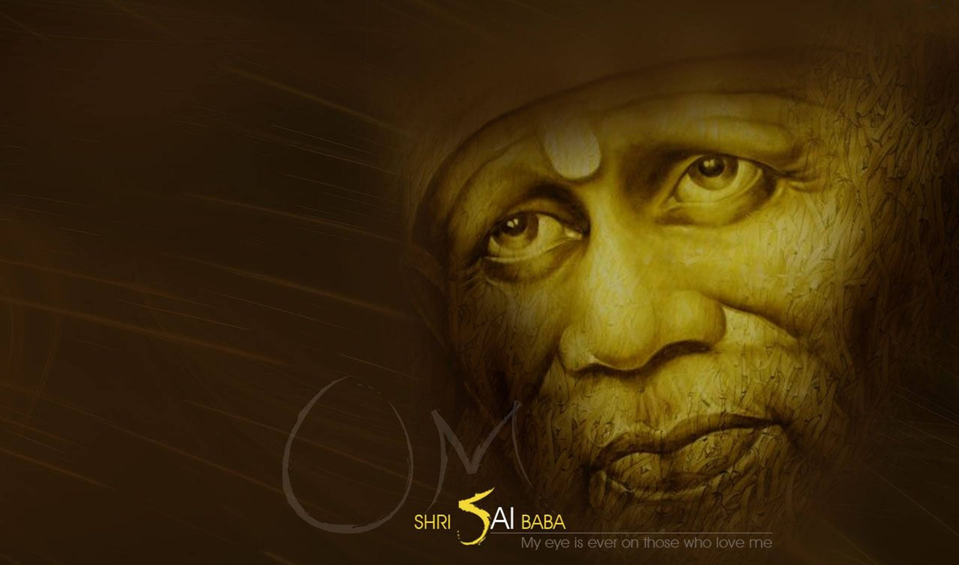 寧靜的Shri Sai Baba肖像，帶有靈性文字和金色燈光。