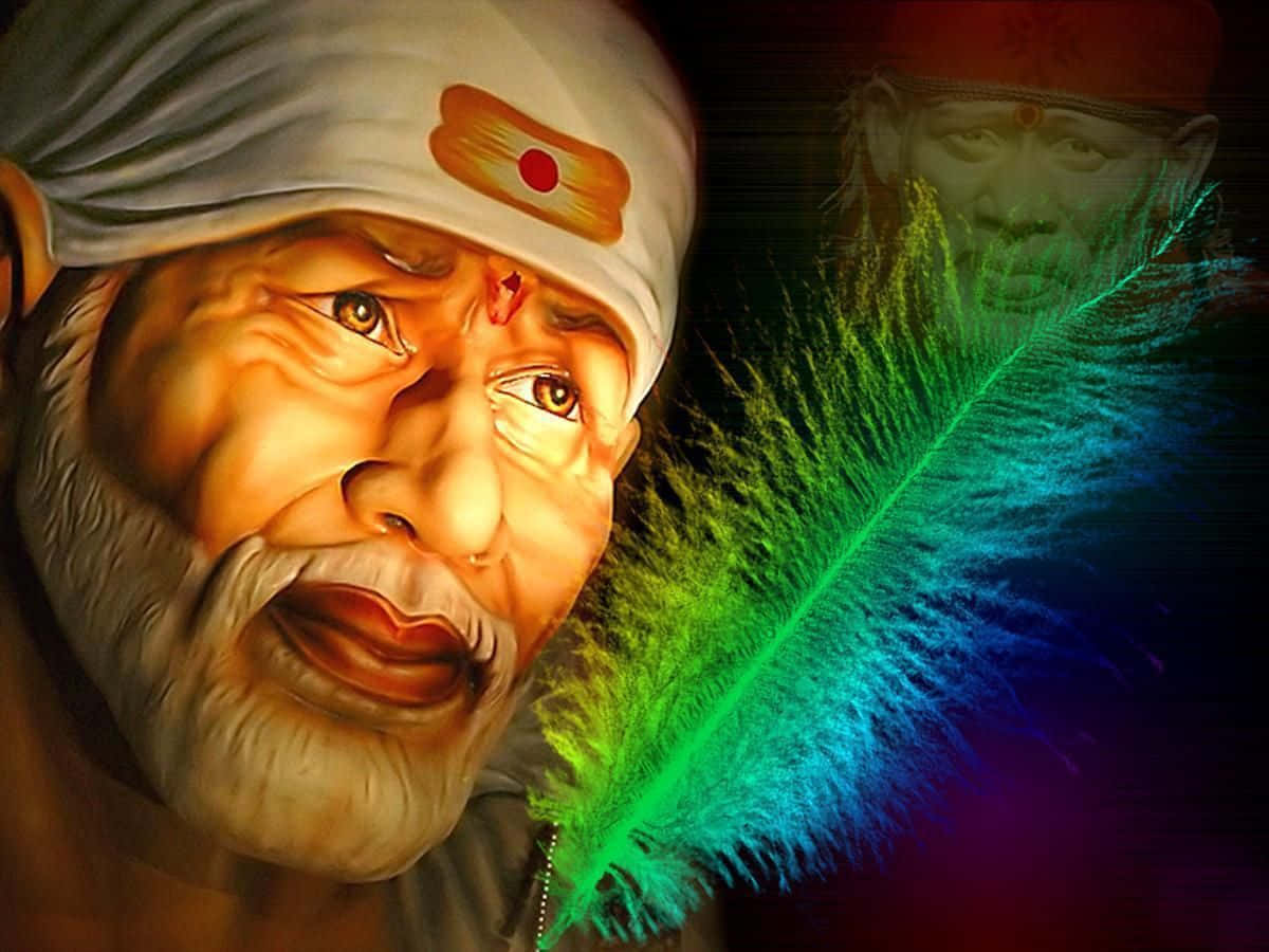 Sai Baba 綠藍羽毛畫像 壁紙 — 一位睿智的長者，戴著白色頭巾和紅色眉心貼，專注地凝視著，旁邊有一根鮮豔的彩虹羽毛在發光。