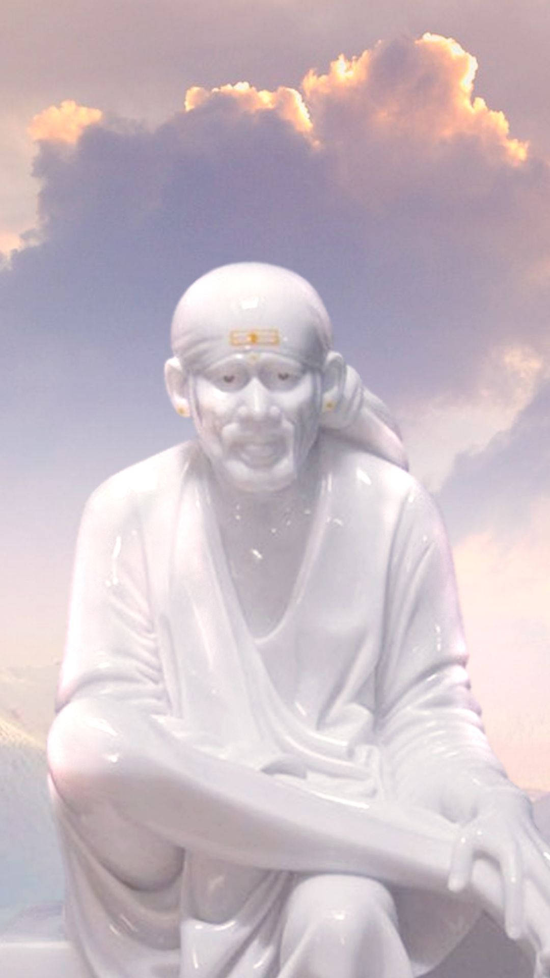 白色大理石雕像，一位寧靜的聖人，額頭上有金色標記，在粉彩天空的雲彩下。