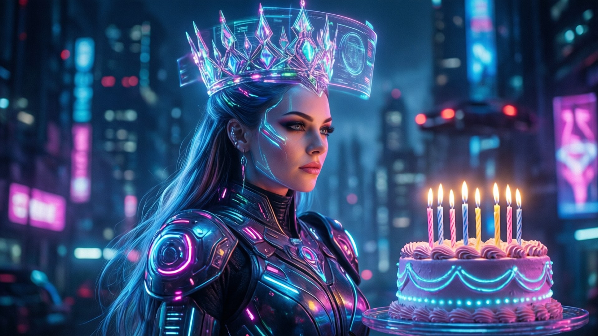 Birthday Queen 桌布 壁紙 — 一位身穿發光盔甲、頭戴王冠的賽博龐克女王，在霓虹城市景觀中凝視著一個點燃蠟燭的生日蛋糕。