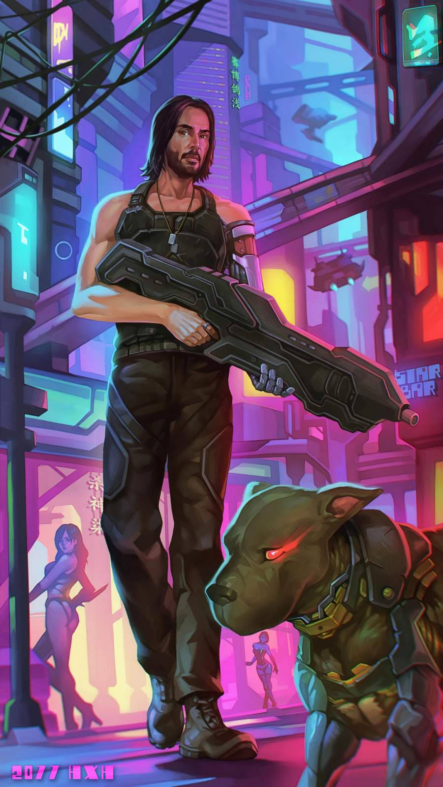 賽博朋克戰士與機械狗在霓虹燈小巷中。
