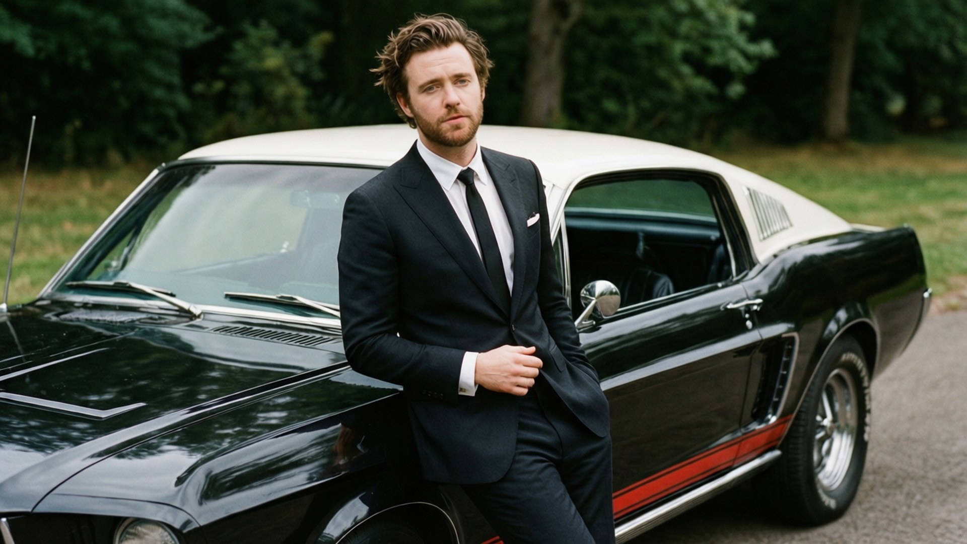 Calum Scott 桌布 壁紙 — 一名身穿俐落黑色西裝的男子，在樹林地區自信地靠在一輛亮面黑白經典肌肉車上。