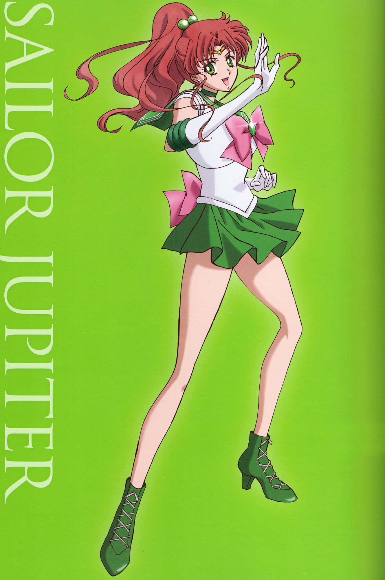 sailor jupiter 桌布 壁紙 — Sailor Jupiter 以綠色和粉紅色水手服在純青檸綠色背景上擺出充滿動感的姿勢。