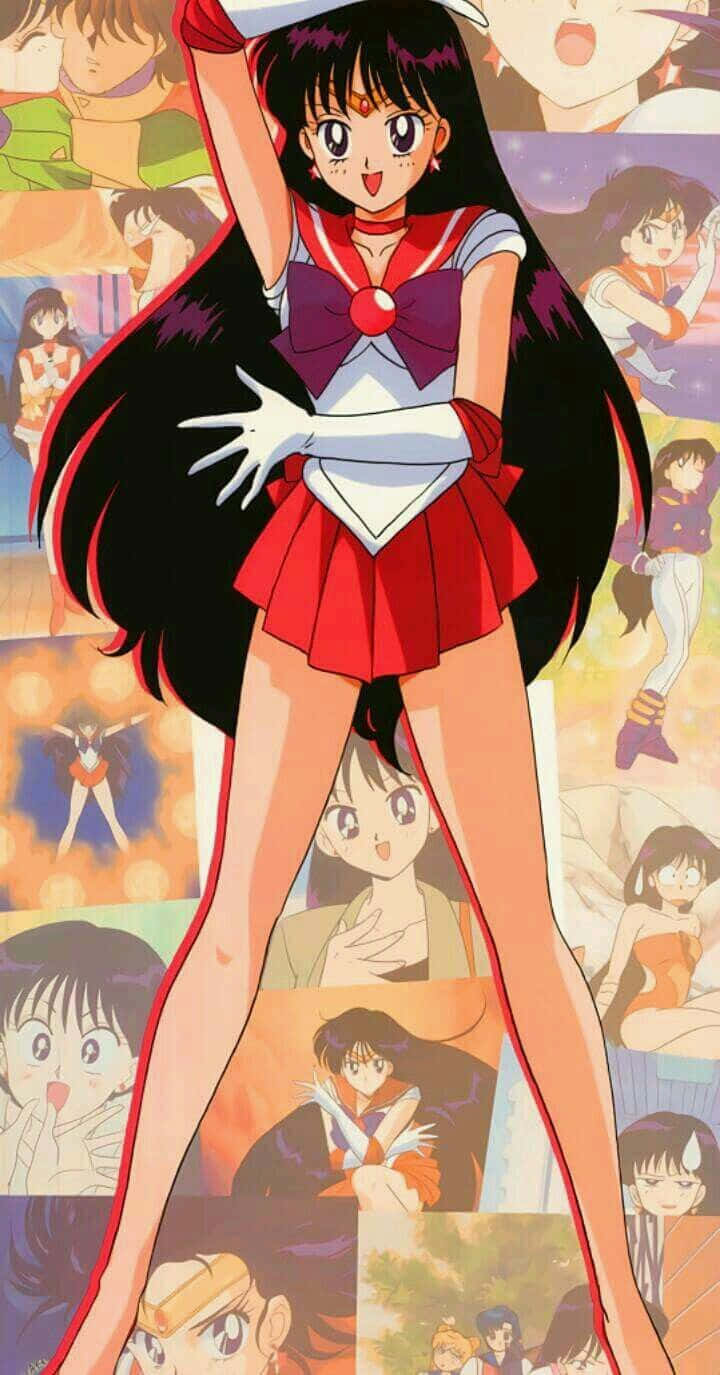 sailor mars 桌布 壁紙 — Sailor Mars 自信地站立，身穿紅白水手服，背景是充滿活力的動漫場景拼貼畫。
