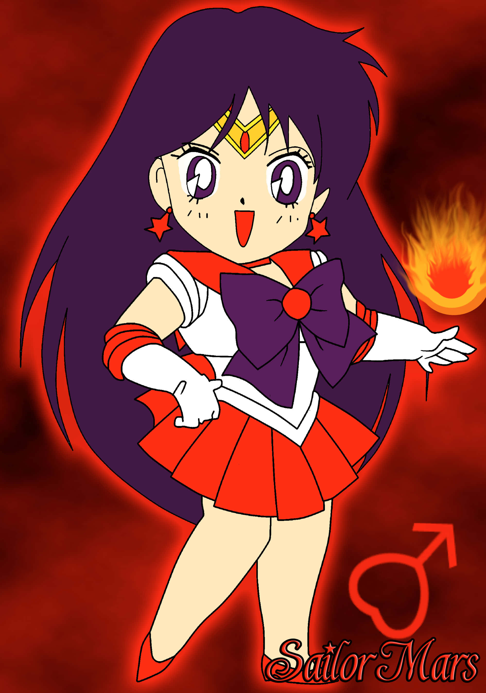 sailor mars 桌布 壁紙 — Sailor Mars 身穿紅色和紫色制服，自信地站在帶有火焰和男性符號的熾熱紅色背景前。