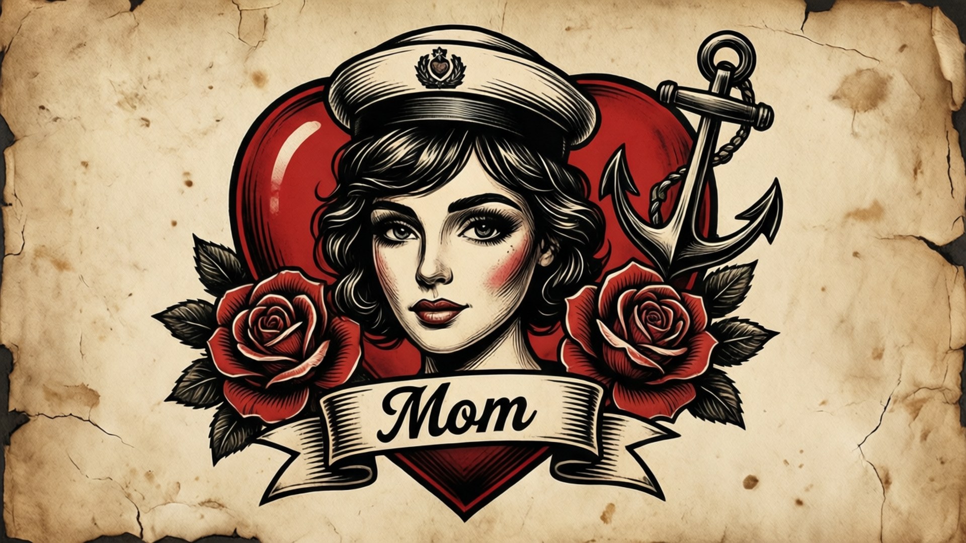 一個復古紋身插圖，一位戴水手帽的女性，有玫瑰和錨，橫幅寫著「Mom」。