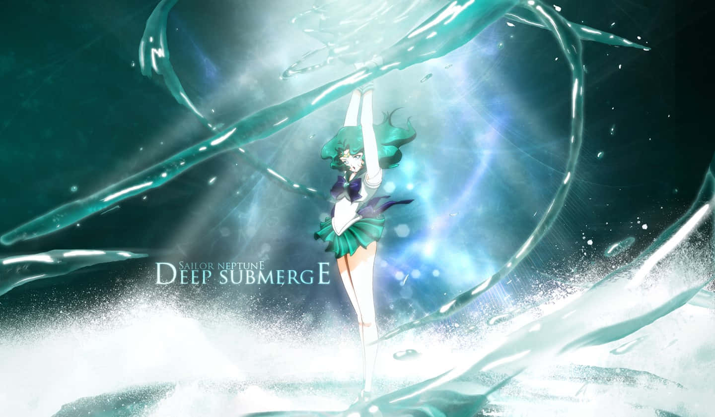 sailor neptune 桌布 壁紙 — Sailor Neptune 喺水中優雅咁企喺度，著住發光嘅青綠色同白色水手服，周圍係旋轉嘅水流同光芒四射嘅光線。