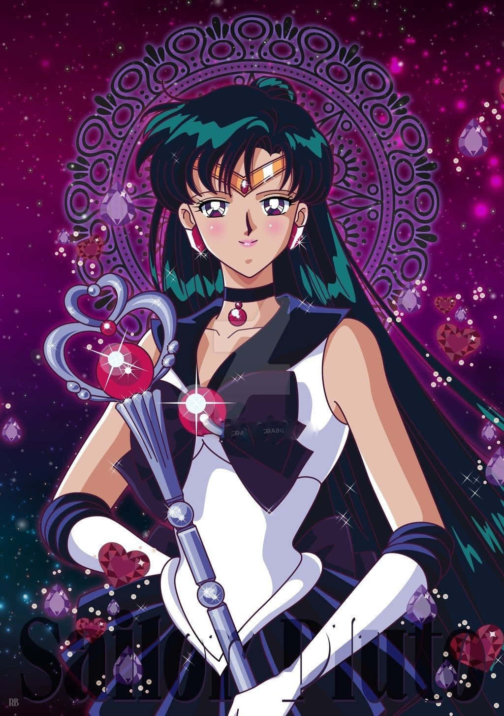 Sailor Pluto 桌布 壁紙 — Sailor Pluto 威嚴地站在一個裝飾著發光寶石和複雜曼陀羅圖案的宇宙紫色背景前。