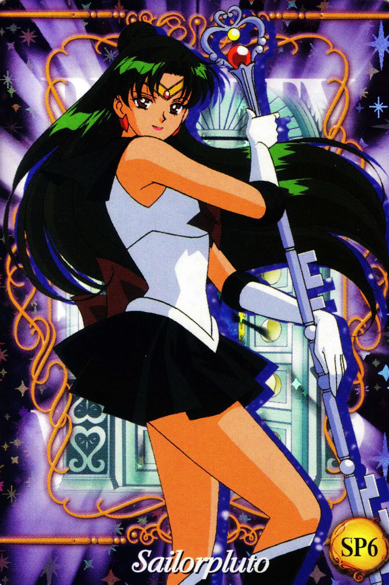 Sailor Pluto 桌布 壁紙 — Sailor Pluto 手持權杖，在紫色星星和華麗金色框架的宇宙背景下擺好姿勢。