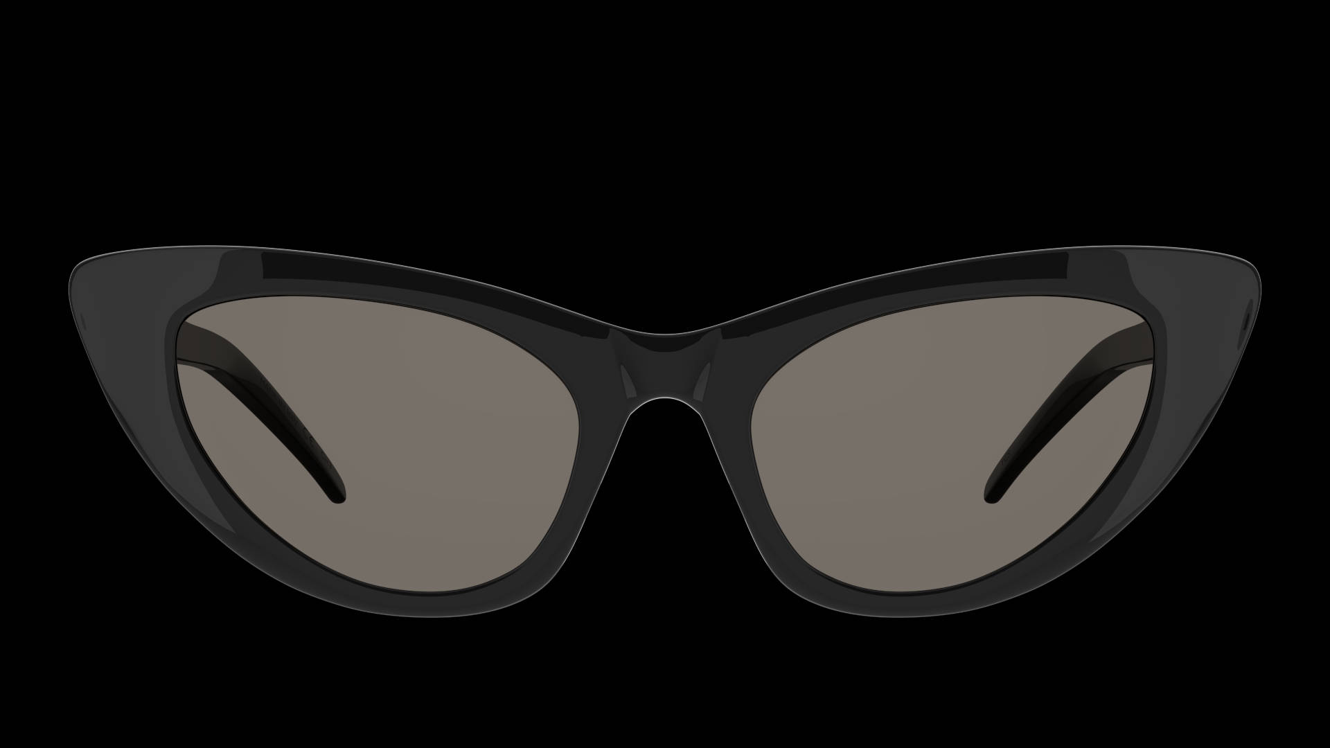 Saint Laurent New Wave Lily貓眼鏡 壁紙 — 優雅的黑色貓眼太陽眼鏡，灰色鏡片，置於純黑背景中央。