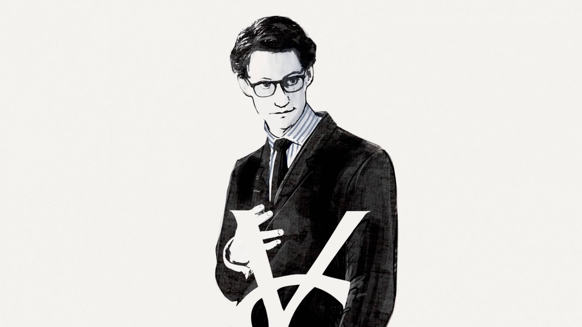 Saint Laurent YSL數位插畫 壁紙 — 一位戴眼鏡穿西裝的時尚男士，在極簡的米白色背景上拿著一個大膽的白色標誌。