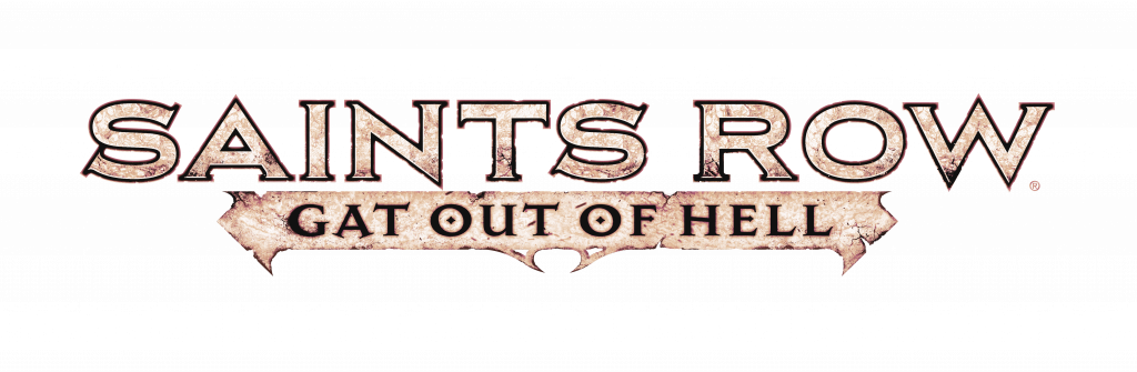 《Saints Row: Gat Out of Hell》遊戲標誌 壁紙 — Saints Row 標誌，帶有 'Gat Out of Hell' 文字，採用粗糙紋理字體，背景為黑色。