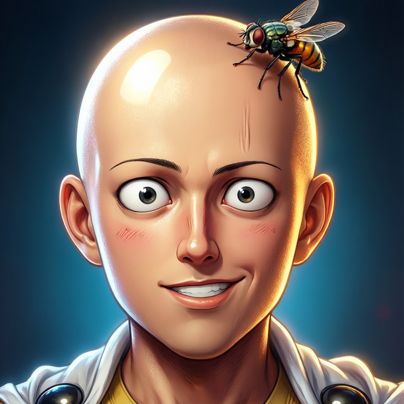 動漫角色額頭有蒼蠅，藍色背景微笑