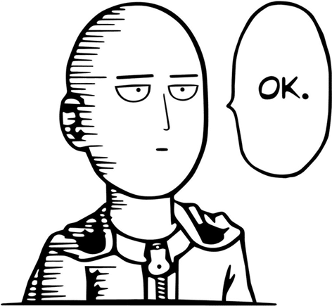 一拳定乾坤 Saitama OK反應 壁紙 — 一個光頭動漫角色的黑白線條藝術肖像，帶有說OK的對話氣泡。