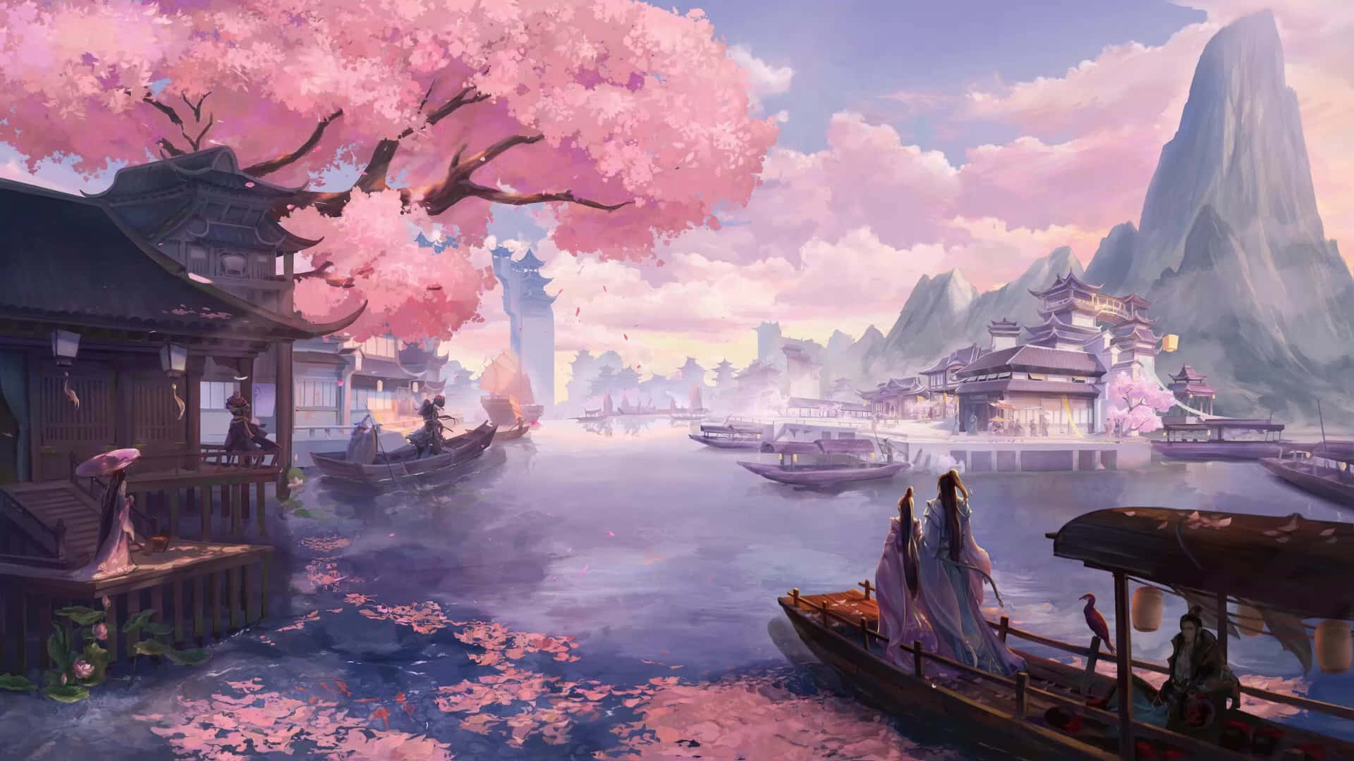動漫場景：運河小鎮，櫻花和船隻，粉紅天空下。