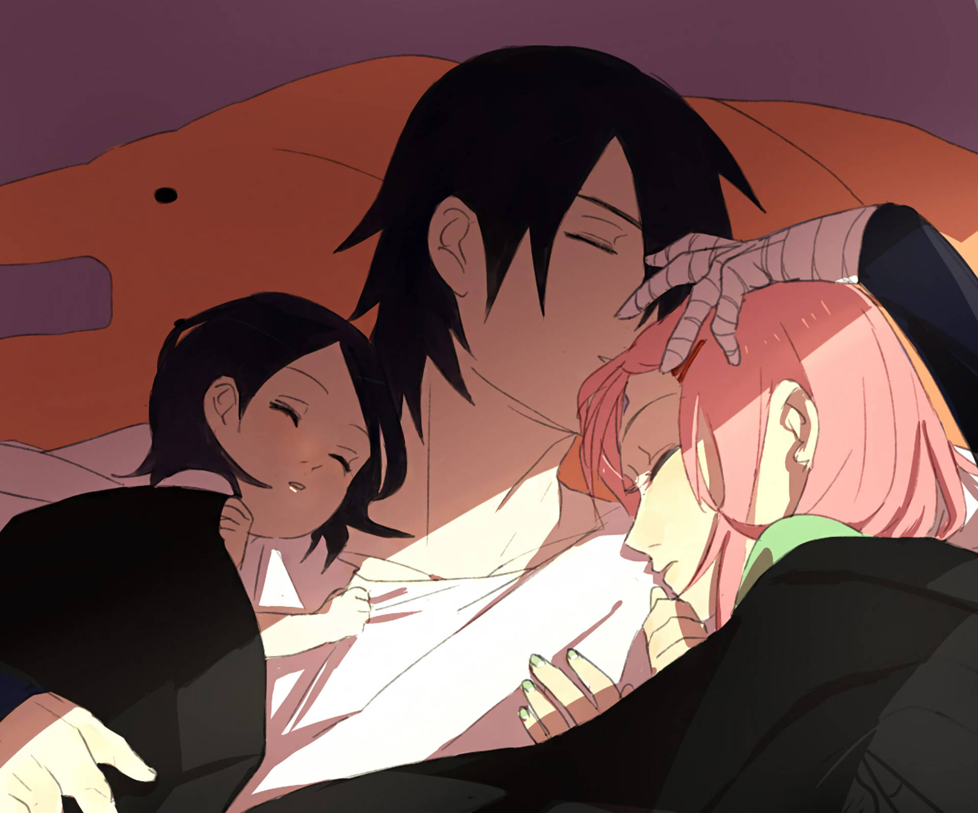 Sakura Haruno 與 Sasuke 4K 壁紙 — 三個動漫角色在溫暖的橙色和紫色燈光下，一起平靜地睡在沙發上。