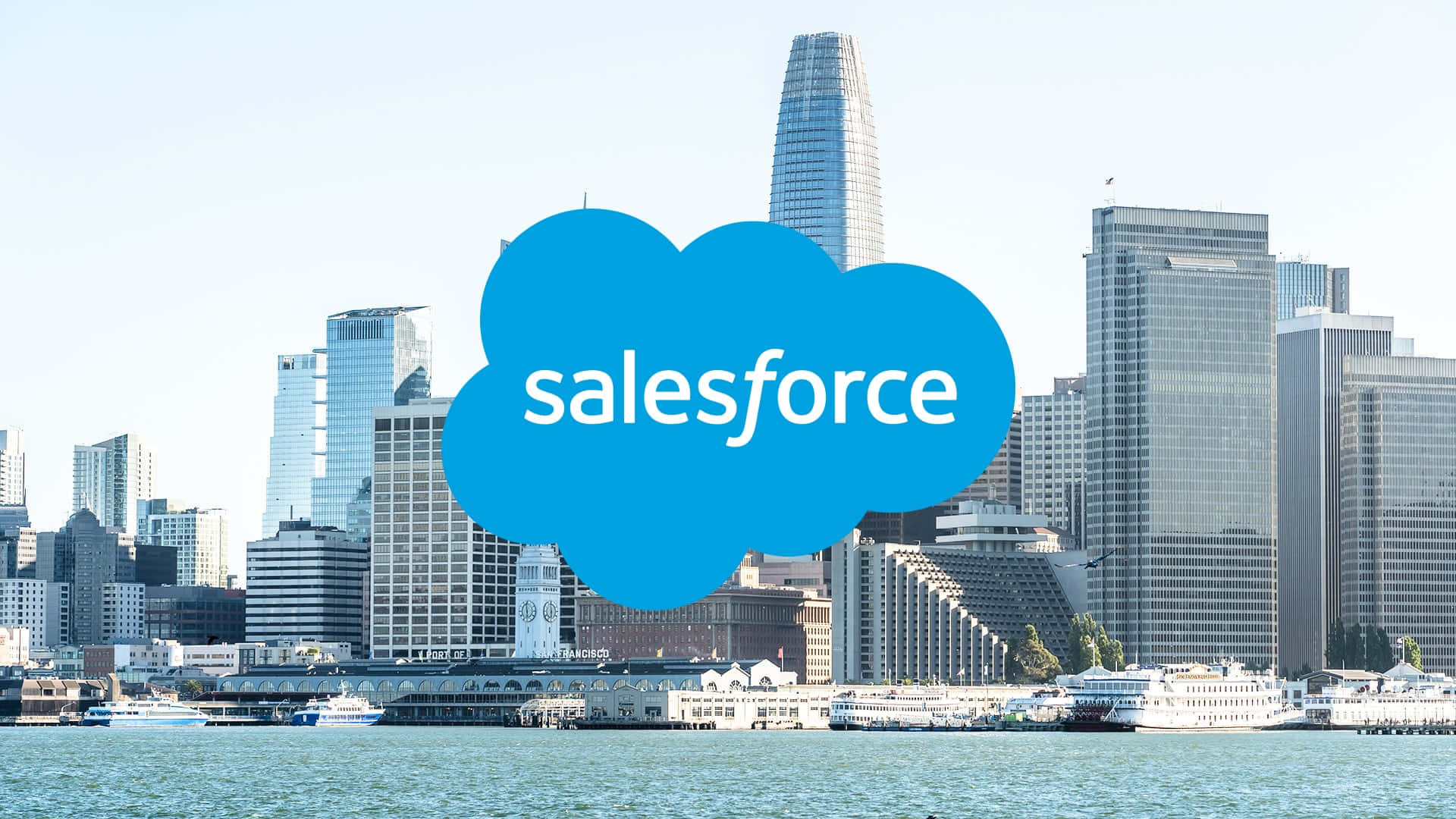 Salesforce標誌疊加喺三藩市城市景觀上，有水域同船隻。 — Technoblade GIF 壁紙