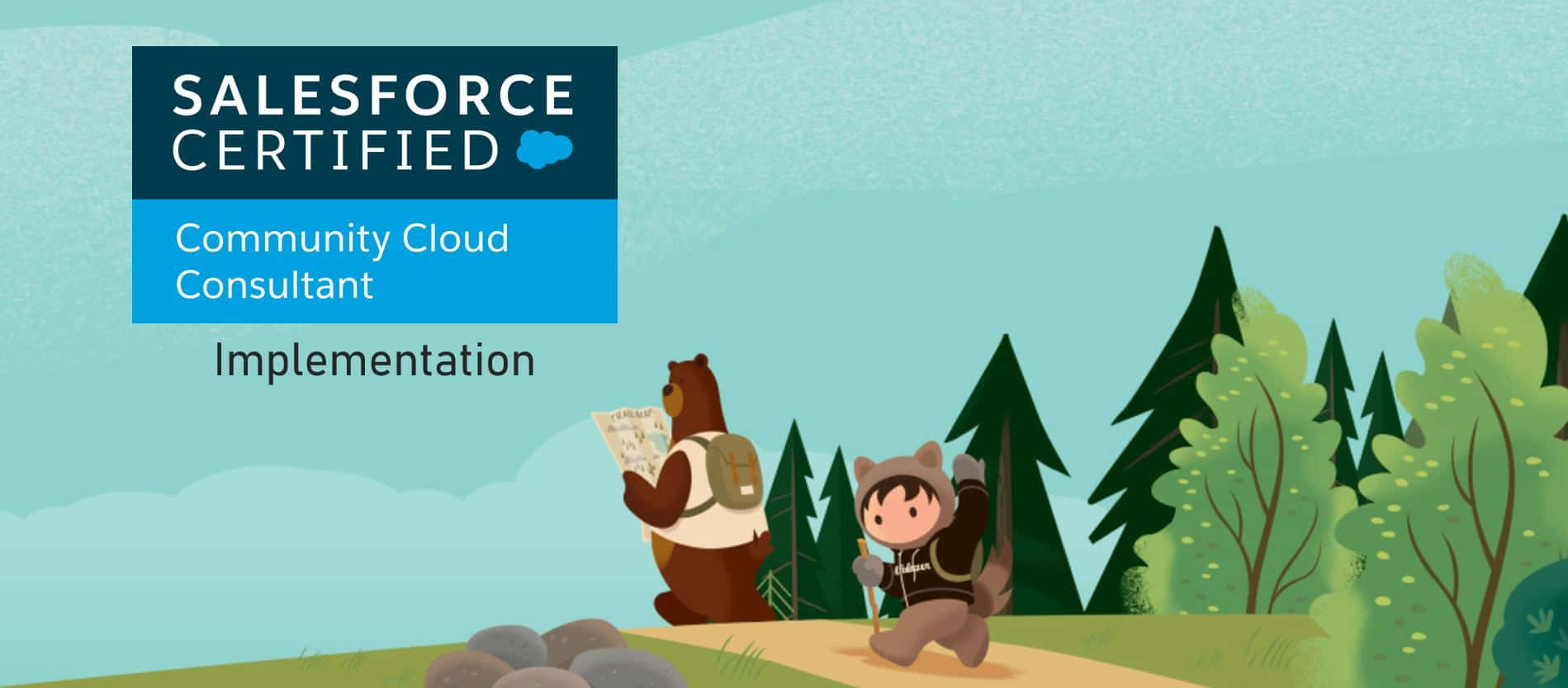 卡通熊和小孩在森林中遠足，帶有Salesforce認證文字。 — Technoblade GIF 壁紙