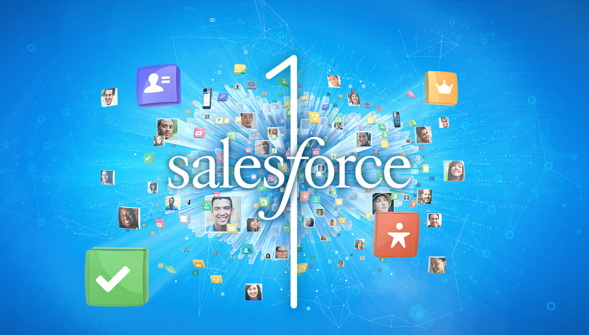 Salesforce 標誌被藍色數位背景上的浮動圖標和面孔包圍。