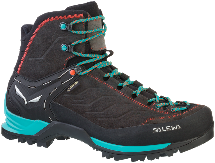 Salewa 品牌登山靴側面圖 壁紙 — 一對高筒遠足靴，採用黑色麂皮、青綠色鞋帶和點綴，以及紅色縫線，在純白背景下格外突出。