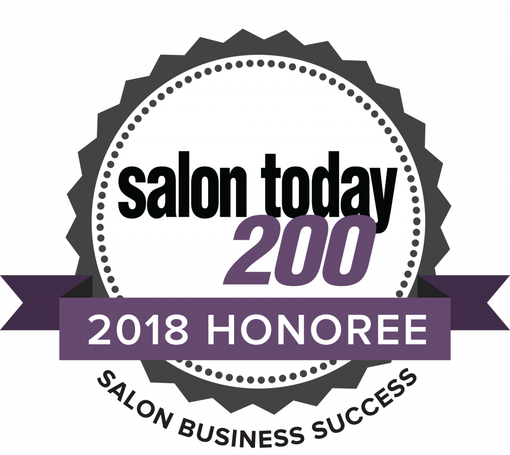 Salon Today 200 2018 獲獎者 壁紙 — 時尚的黑色和紫色獎章，以粗體字體和絲帶設計表彰2018 Salon Today 200獲獎者。