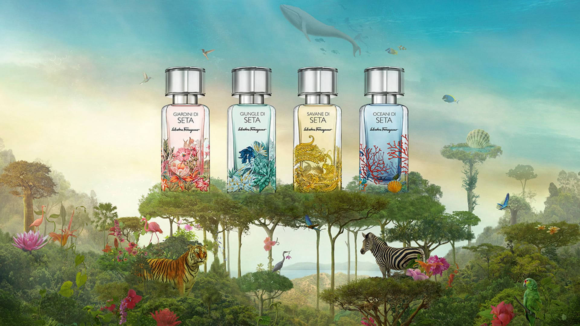 四個香水瓶懸掛在一個充滿動物和花朵的活力叢林之上。