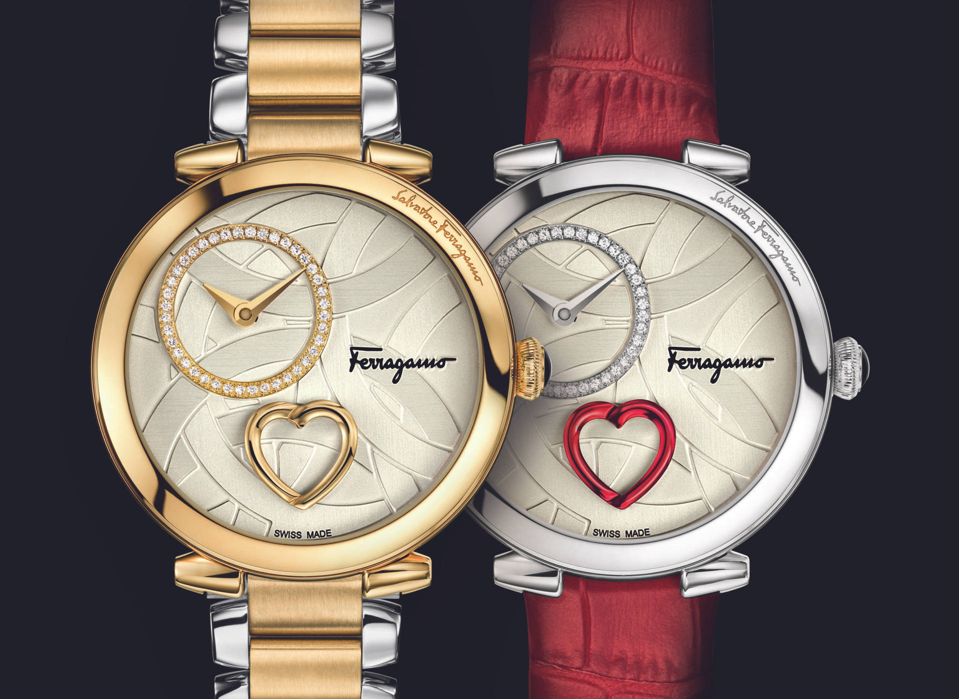 兩款 Ferragamo 手錶，帶有心形圖案和鑽石細節。