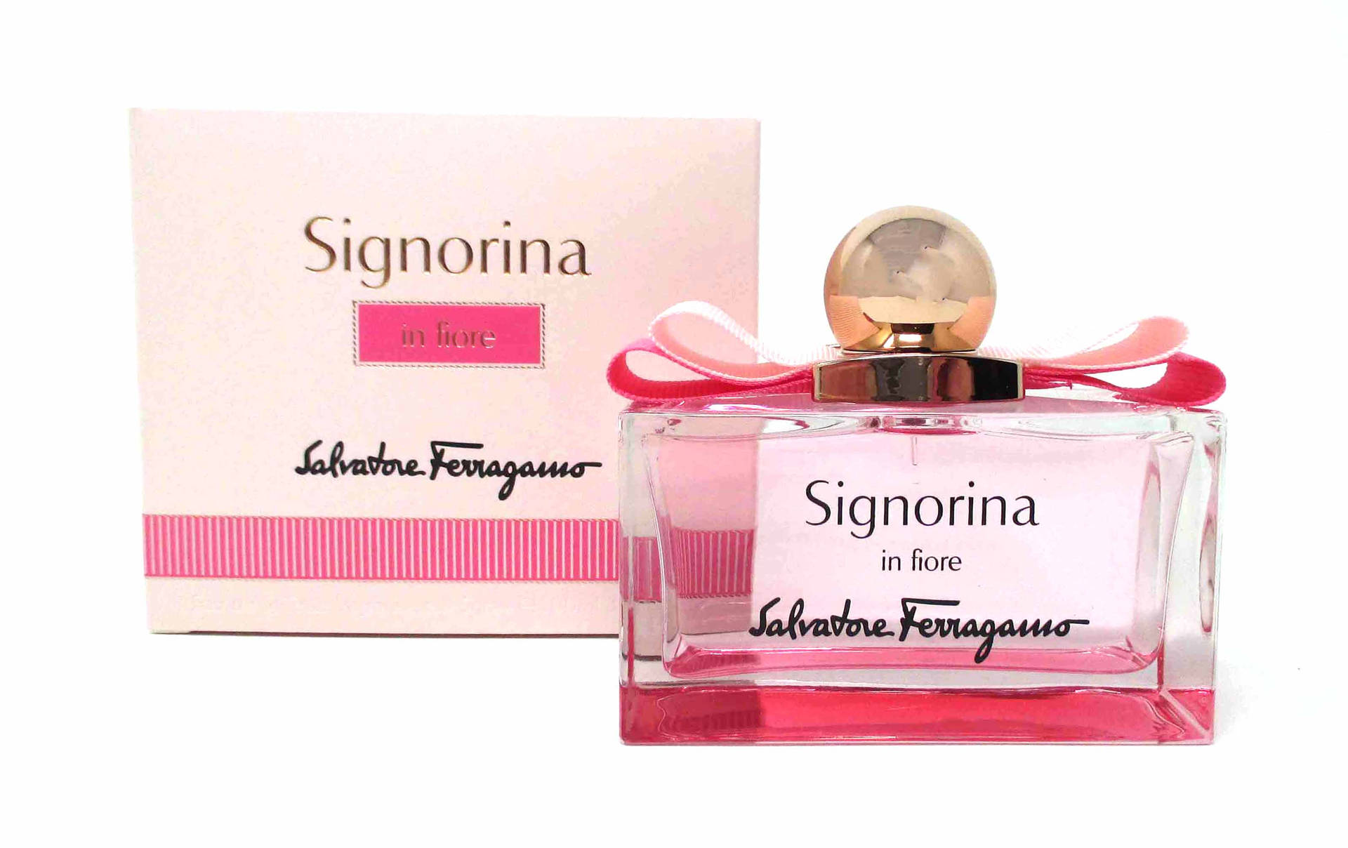 Salvatore Ferragamo Signorina in fiore 香水瓶和盒子，粉紅色和金色。