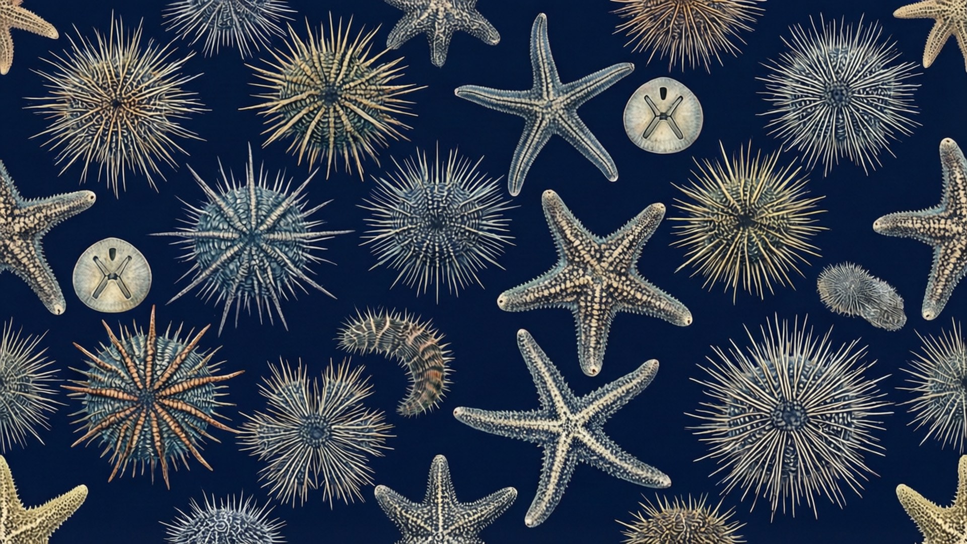 Echinoderm 桌布 壁紙 — 深海軍藍背景上，以柔和藍色和奶油色組成的密集海星和海膽圖案。