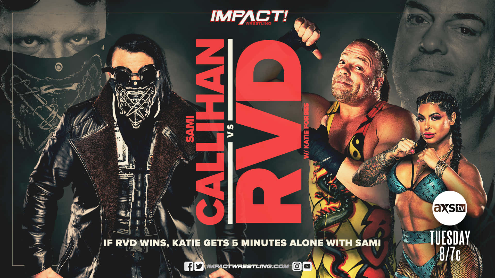 Sami Callihan 對戰 Rob Van Dam 海報 壁紙 — 摔角手 Sami Callihan 和 RVD 在一個戲劇性的 Impact Wrestling 宣傳片中與 Katie Forbes 對峙，背景陰暗粗糙。
