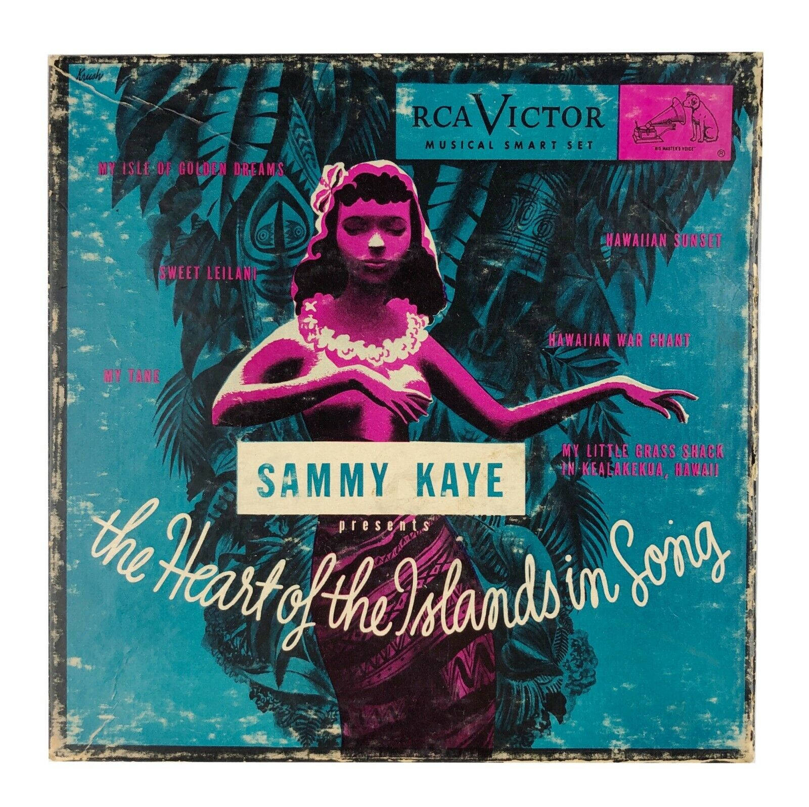 Sammy Kaye《島嶼之歌》黑膠專輯封面 壁紙 — 復古專輯封面，特色是風格化的粉紅色女性穿著熱帶服裝，背景是青綠色的棕櫚樹和歌曲標題。