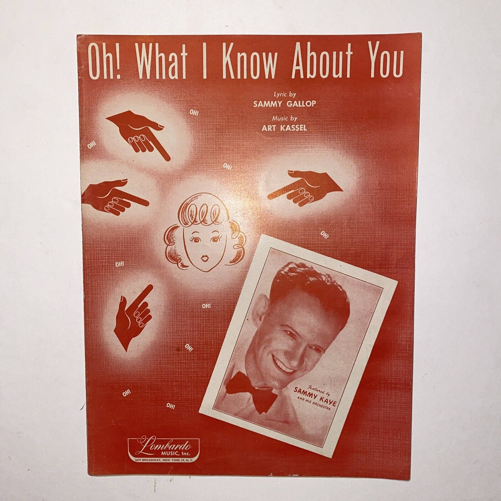 Sammy Kaye《噢，我對你知多少！》專輯封面 壁紙 — 「Oh! What I Know About You」的復古紅色樂譜封面， featuring 一個微笑男士的照片和卡通手指向女士的頭部。