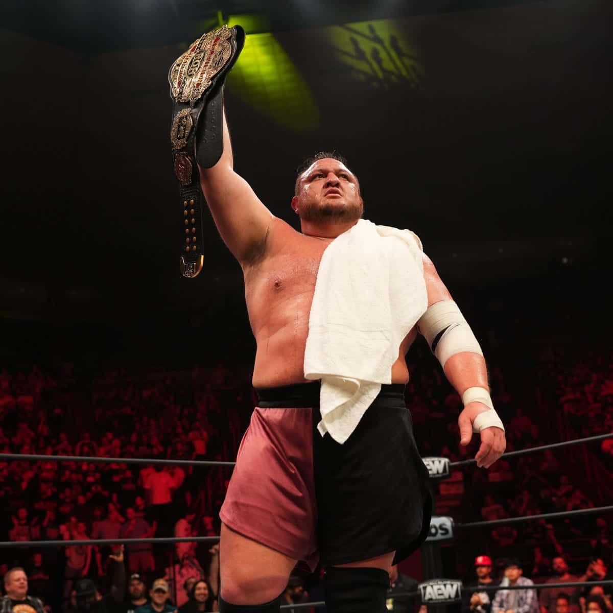 Samoa Joe AEW 環球電視冠軍腰帶壁紙 壁紙 — 一位肌肉發達的摔角手在燈光明亮的擂台上，高舉冠軍腰帶於頭頂，台下觀眾歡呼雷動。