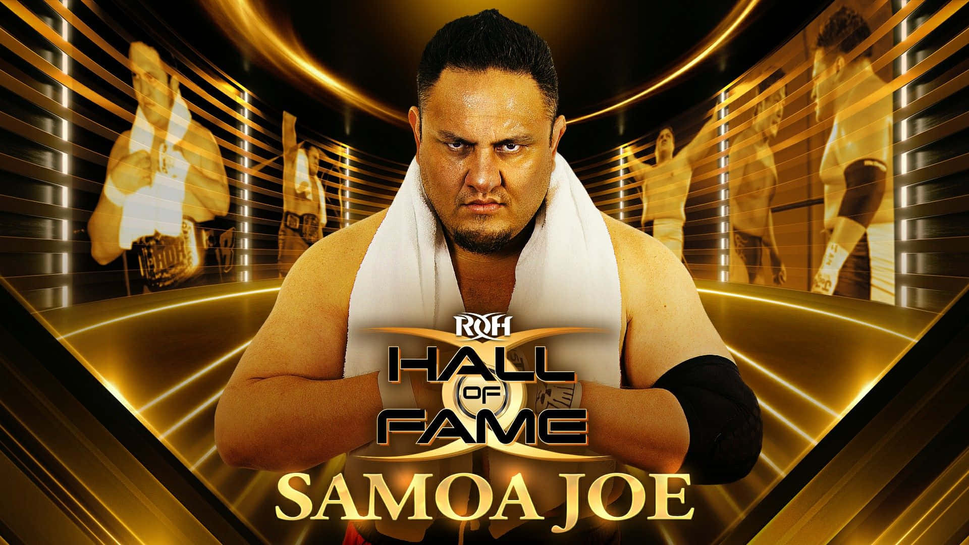 Samoa Joe 環球冠軍賽事 Hall of Fame 壁紙 — 薩摩亞·喬自信地站在金色的名人堂隧道中，展示著冠軍腰帶和他的名字。