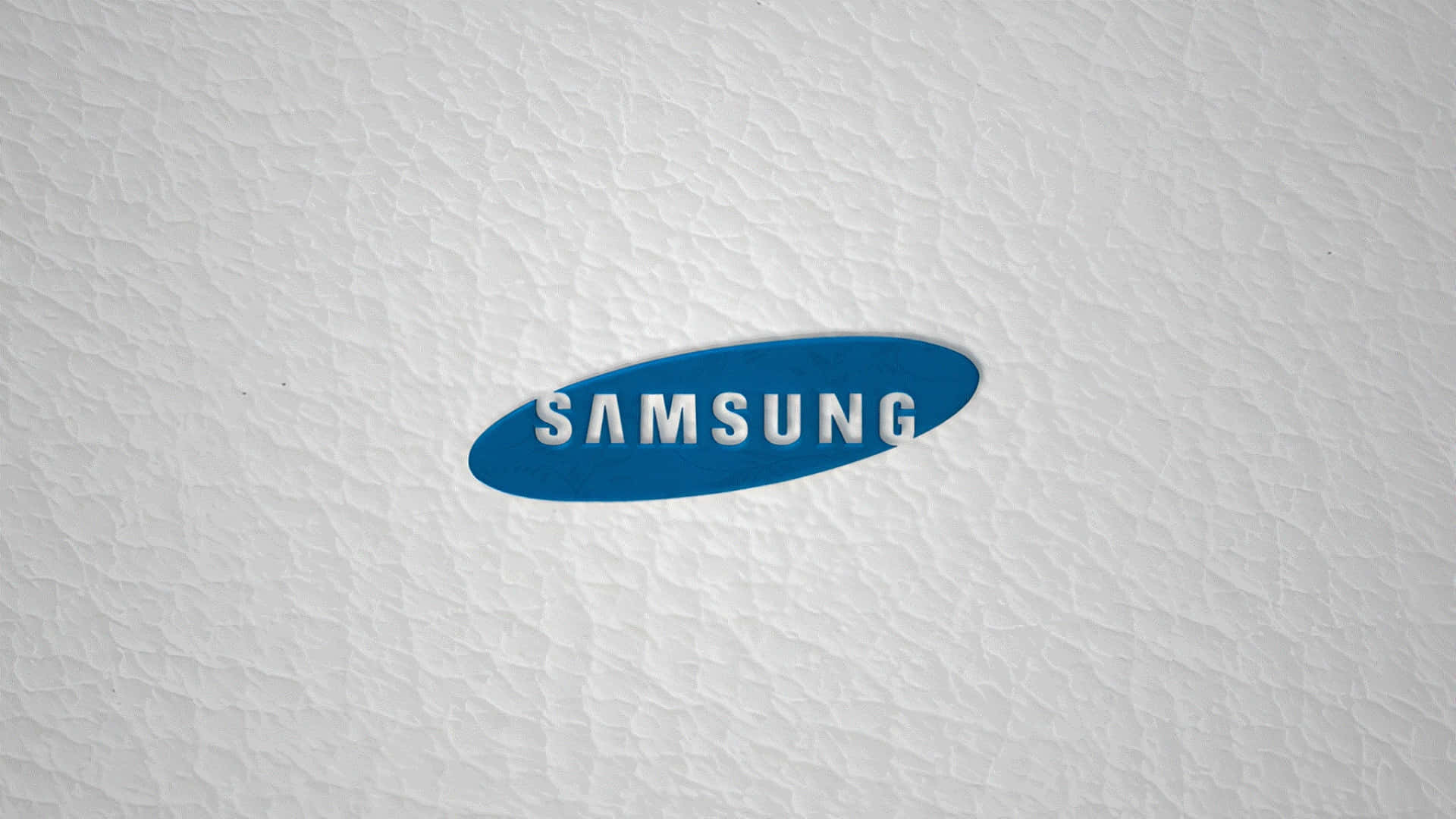  壁紙 — Samsung 標誌，藍色橢圓形，白色文字居中，位於有紋理的白色仿皮革表面上。