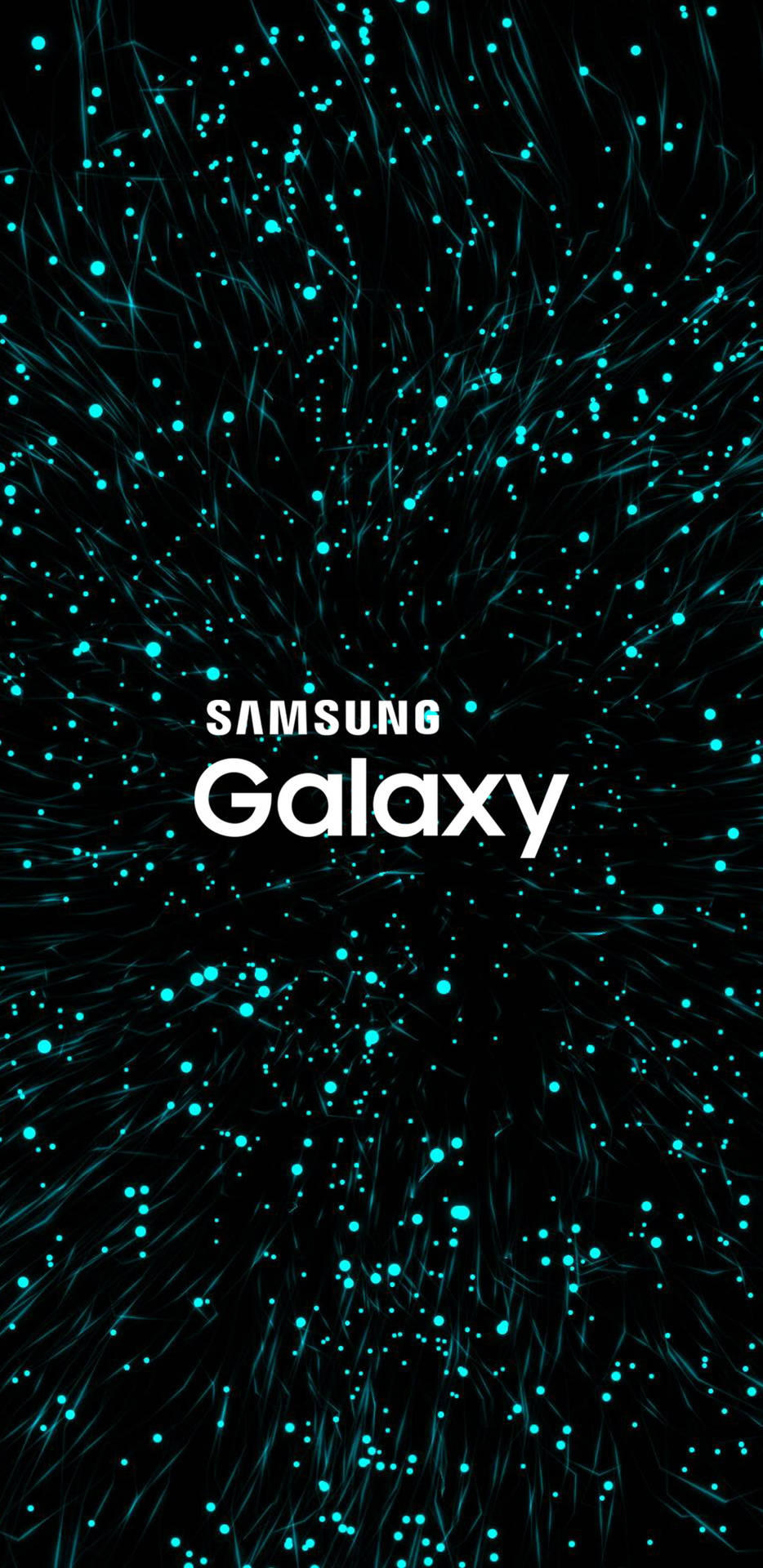 黑色背景上，被發光青色點和線條包圍的Samsung Galaxy標誌。