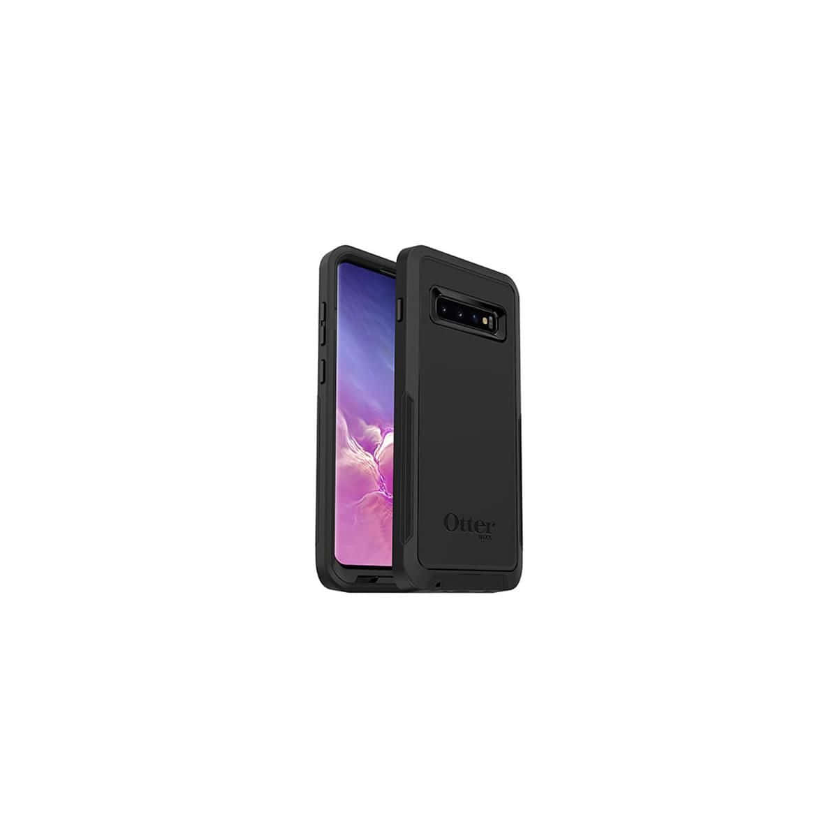 黑色OtterBox手機殼，屏幕上有抽象紫粉色壁紙