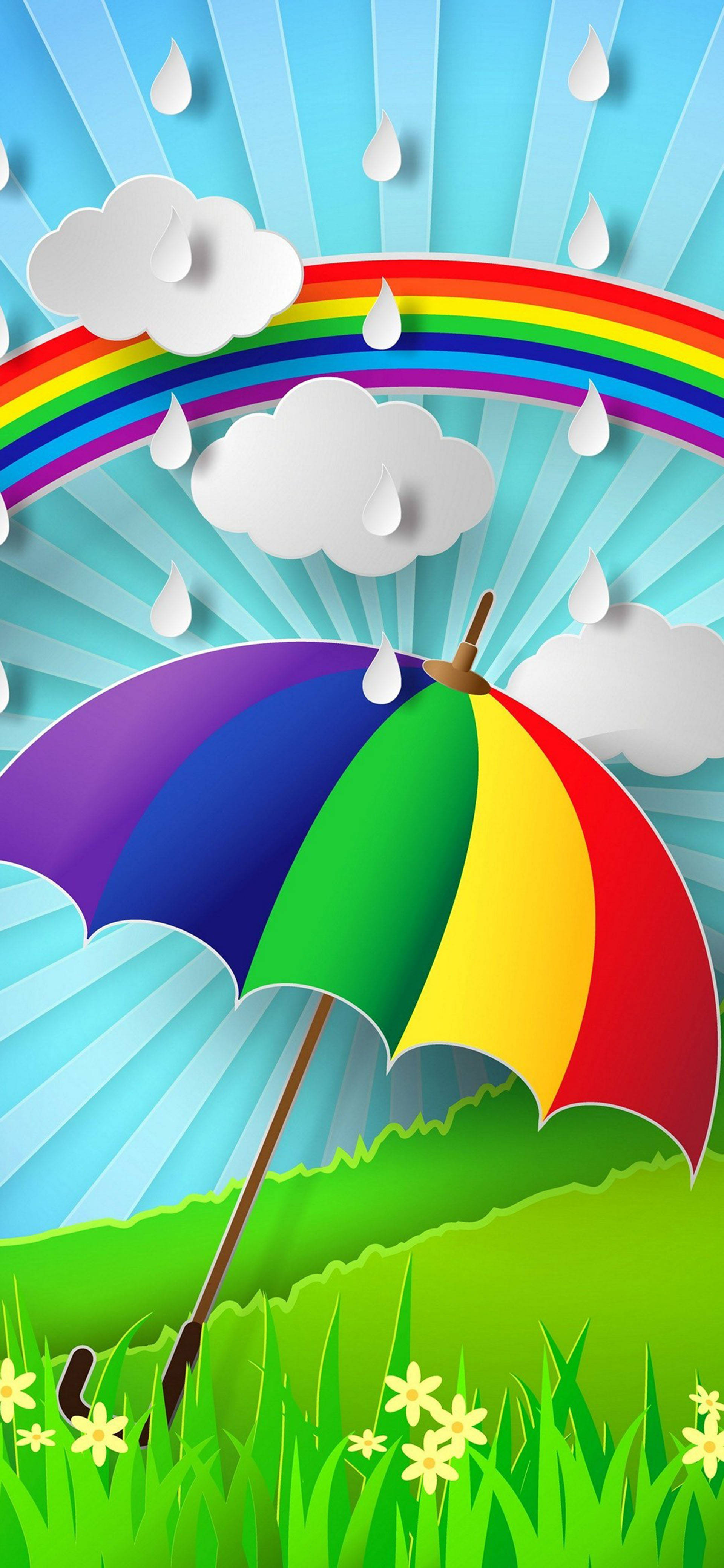 三星 Galaxy S22 雨天彩虹 壁紙 — 一個充滿活力的剪紙風格彩虹拱在一個陽光明媚的草地上，一把色彩繽紛的雨傘上方，有落下的雨滴和蓬鬆的雲朵。