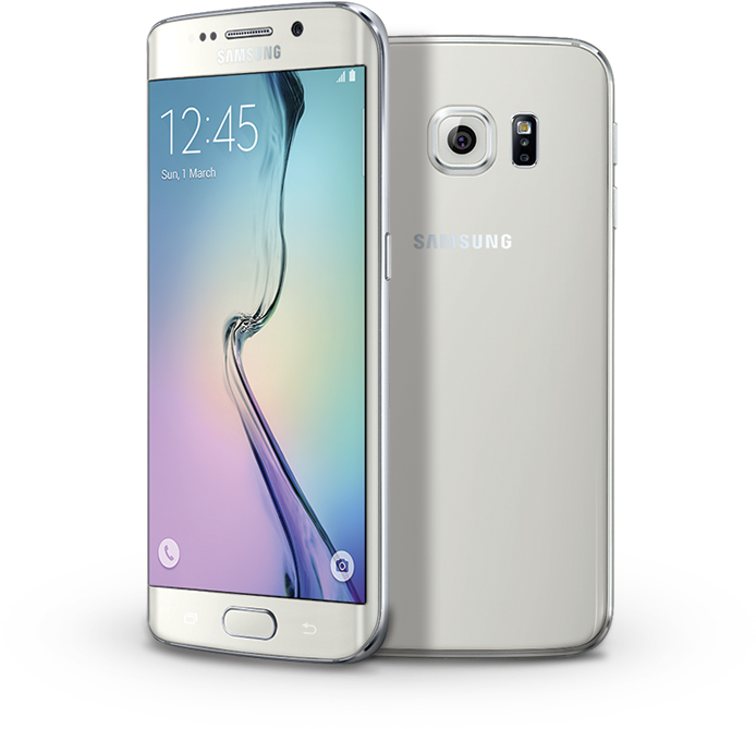 Samsung Galaxy S6 Edge產品展示 壁紙 — 銀色 Samsung Galaxy S6 Edge 智能手機正面和背面顯示在黑色背景上，彎曲屏幕顯示時間和日期。