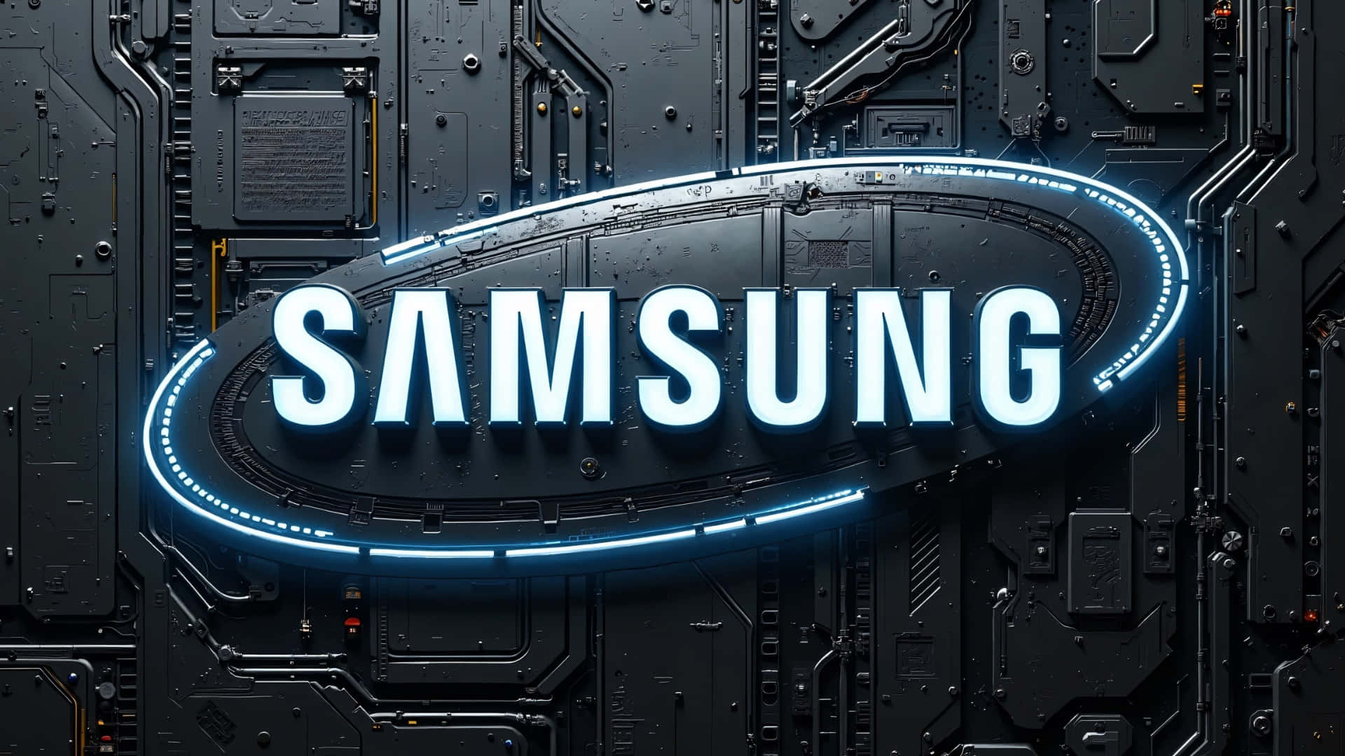  壁紙 — Samsung 標誌在詳細的黑色電路板背景上發出藍色霓虹燈光。