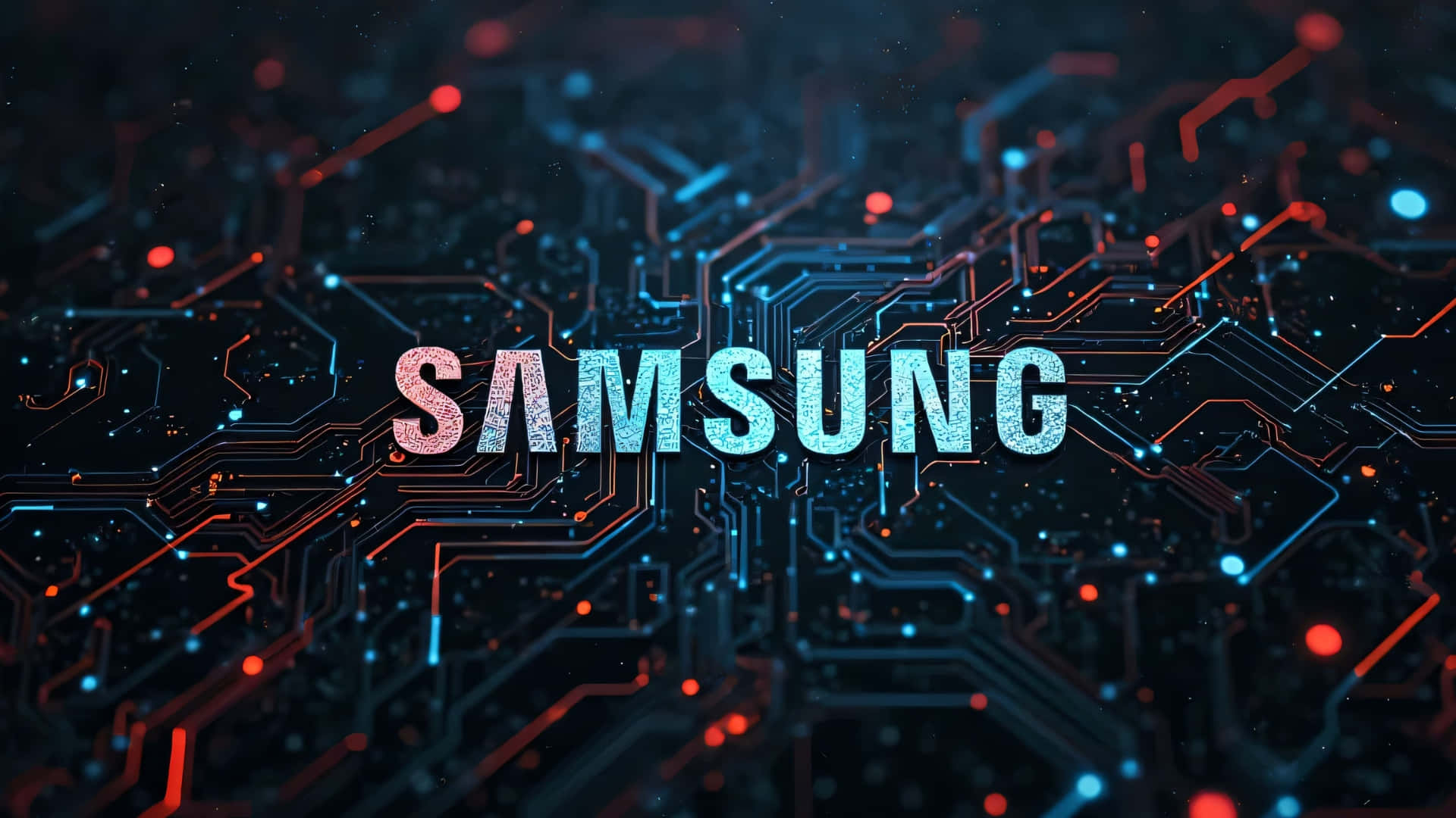  壁紙 — Samsung 字樣在帶有紅色和藍色發光線條的暗色電路板上以像素化光芒閃耀。