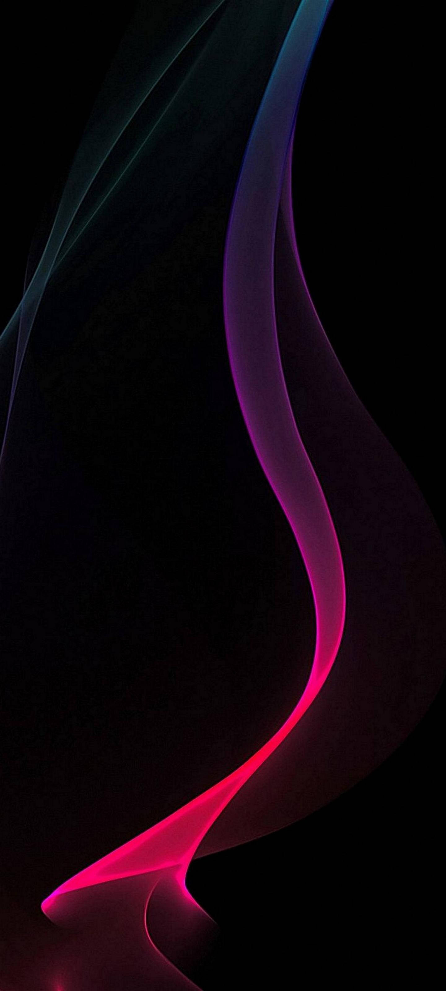 Samsung S21 Ultra 霓虹波浪 壁紙 — 充滿活力的螢光粉紅和青綠色光軌在深黑色背景上優雅流動，形成動態抽象構圖。
