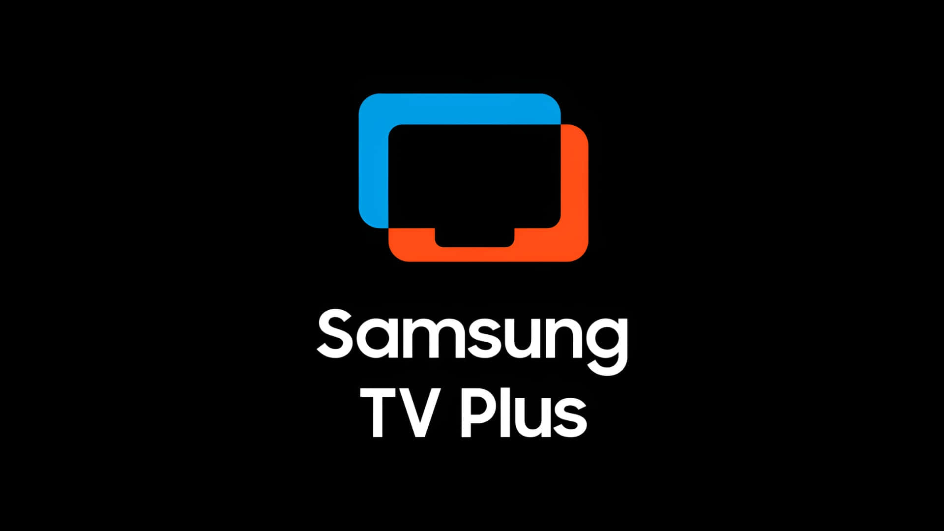  壁紙 — Samsung TV Plus 標誌，黑色背景上有藍色和橙色重疊的矩形。
