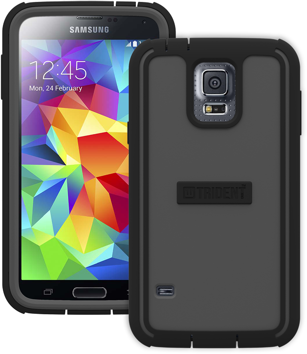 Samsung智慧手機搭配Trident保護殼 壁紙 — 一部黑色Trident保護殼內的三星智能手機，屏幕上顯示色彩繽紛的幾何圖案壁紙。