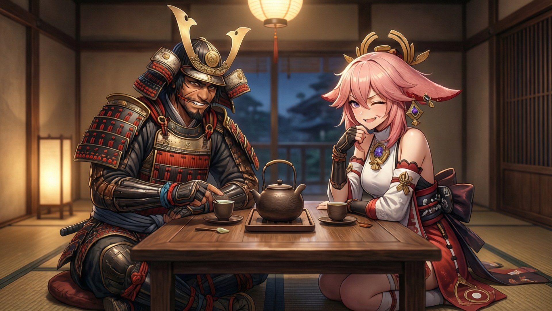 Shogun and Priestess 壁紙 — 一位武士和一位粉紅色頭髮的動漫女孩在黃昏時分，在一個溫暖照明的傳統日式房間裡共享茶飲。