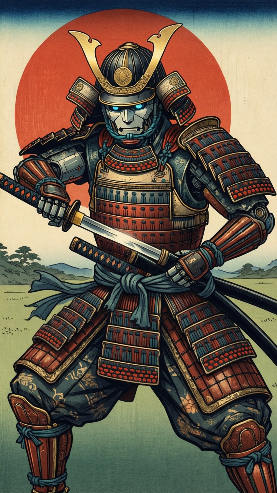 機械武士身穿紅金盔甲，在紅日下手持武士刀