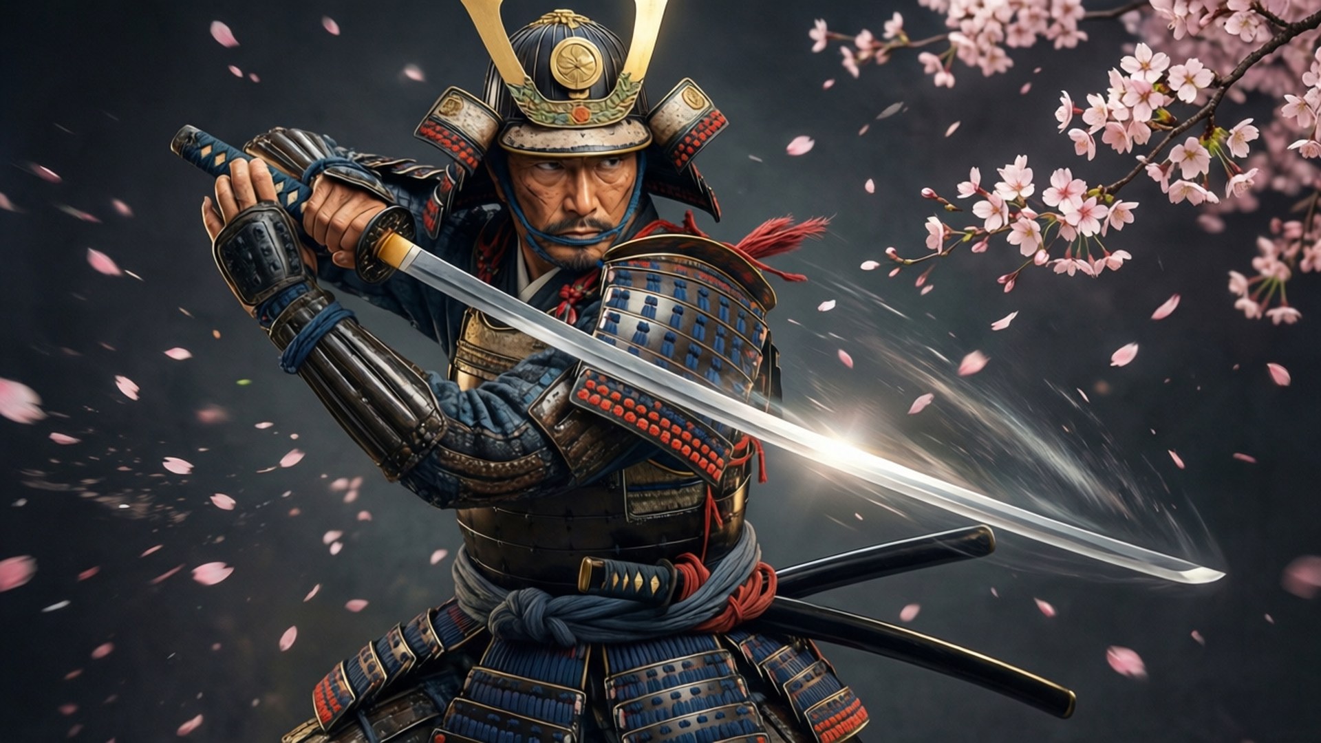 全副盔甲的武士戰士手持武士刀，櫻花在他周圍飄落。