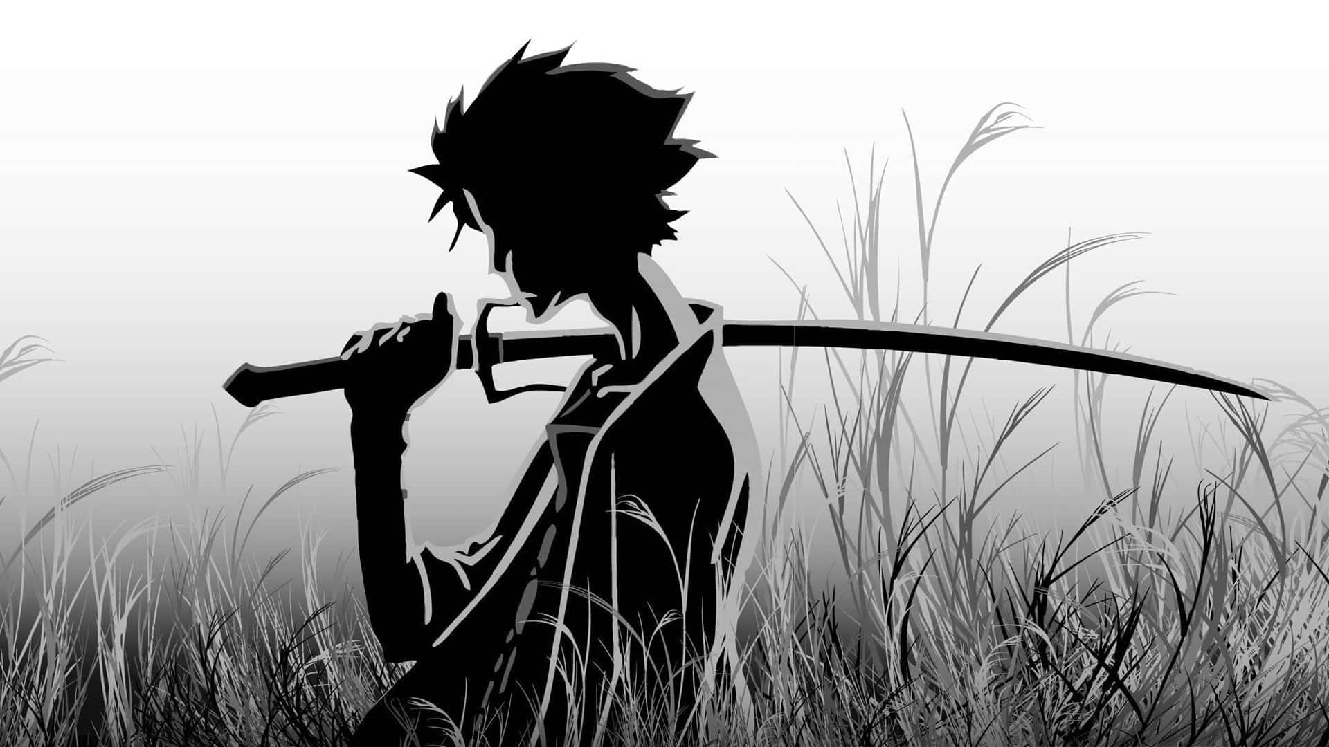 《Samurai Champloo》中的傳奇武士——風與神 壁紙 — 一個孤獨的武士剪影站在高高的草叢中，手持武士刀，背景是柔和的灰色漸變。
